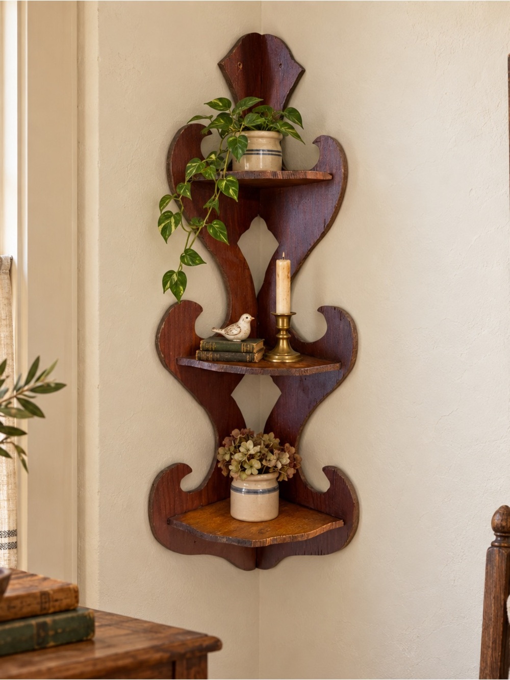 Vintage Wooden 3-Tier Corner Shelf Scrollwork Wall Display Cottage Farmhouse